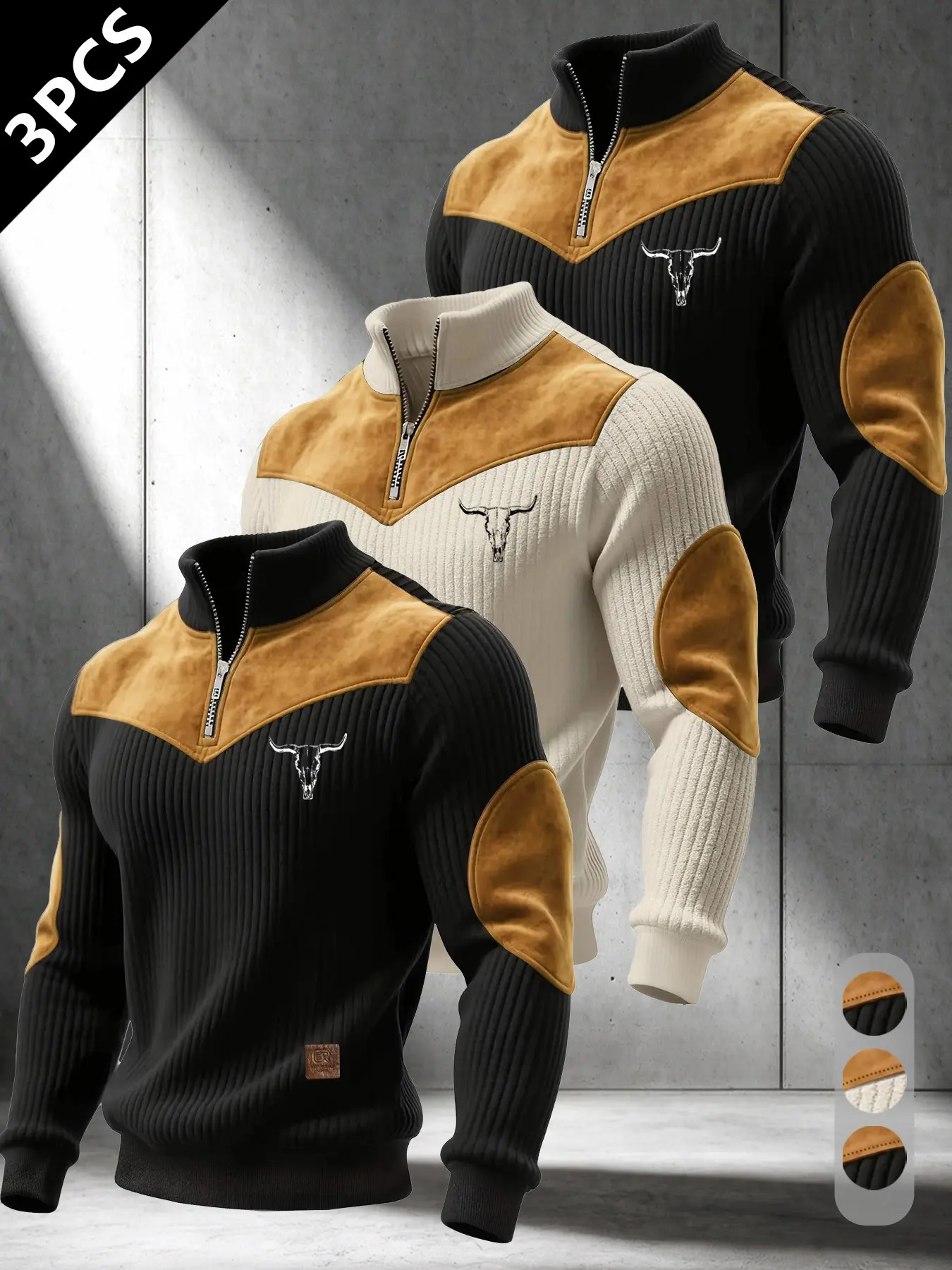 Men's 3-Pack Fall Winter Stand Collar Sweatshirt, Comfortable Warm Half-Zip Pullover, Bull Print Vintage Streetwear Top