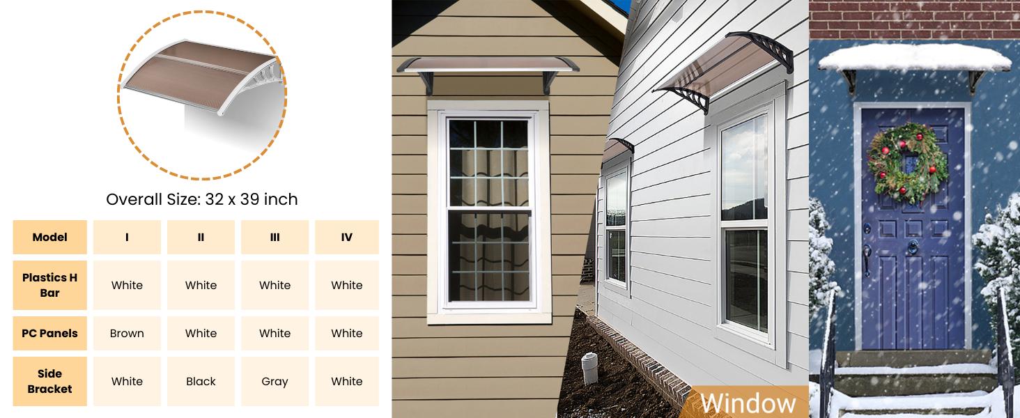 Outvita Window Awning Door Canopy, Polycarbonate Cover Front Door Outdoor Patio Awning Canopy UV Rain Snow Sunlight Protection Hollow Sheet, Brown Board & White Bracket