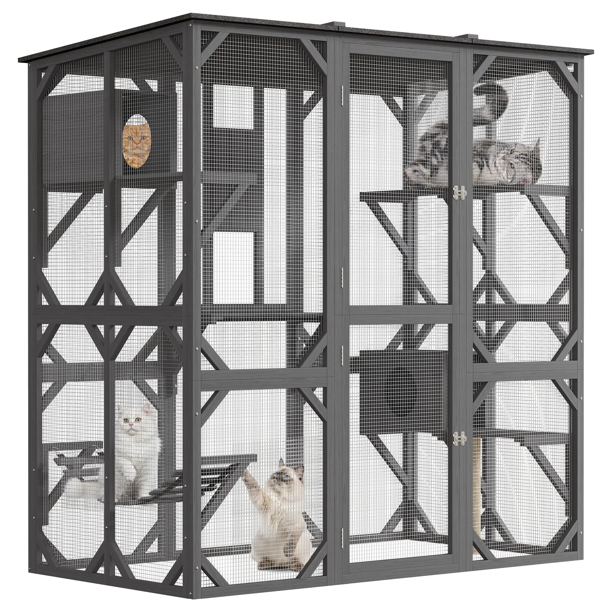 70" Walk-In Outdoor Catio with Window Access – Waterproof Enclosure for Multiple Cats, Bridge & Scratching Post Included – Patio Cat Playpen, Ships in Multiple Boxes