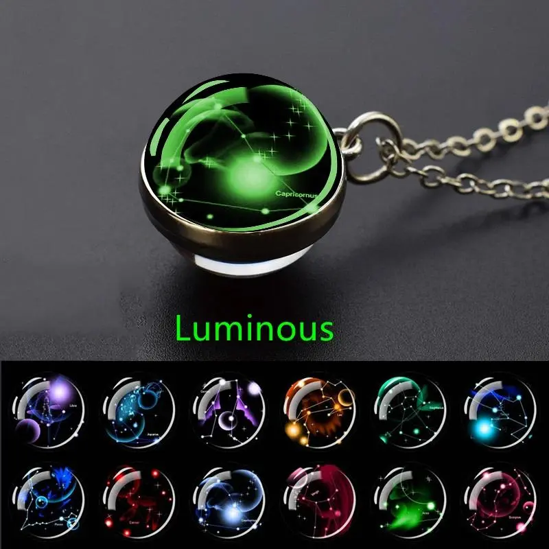 12 Constellation Necklace Starry Sky Luminous Zodiac Glass Ball Pendant Necklace Christmas Gift for Men Women