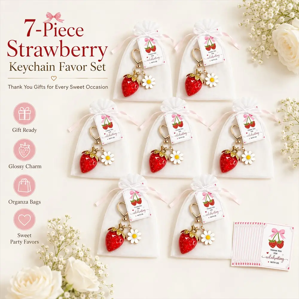 21Pcs (7Sets) Strawberry Cartoon Keychain Cute Pendant Set, Lightweight And Portable Bag Additions, Ideal Small Gifts for Summer Parties, Holiday Events, And Souvenirs for Friends And Classmates