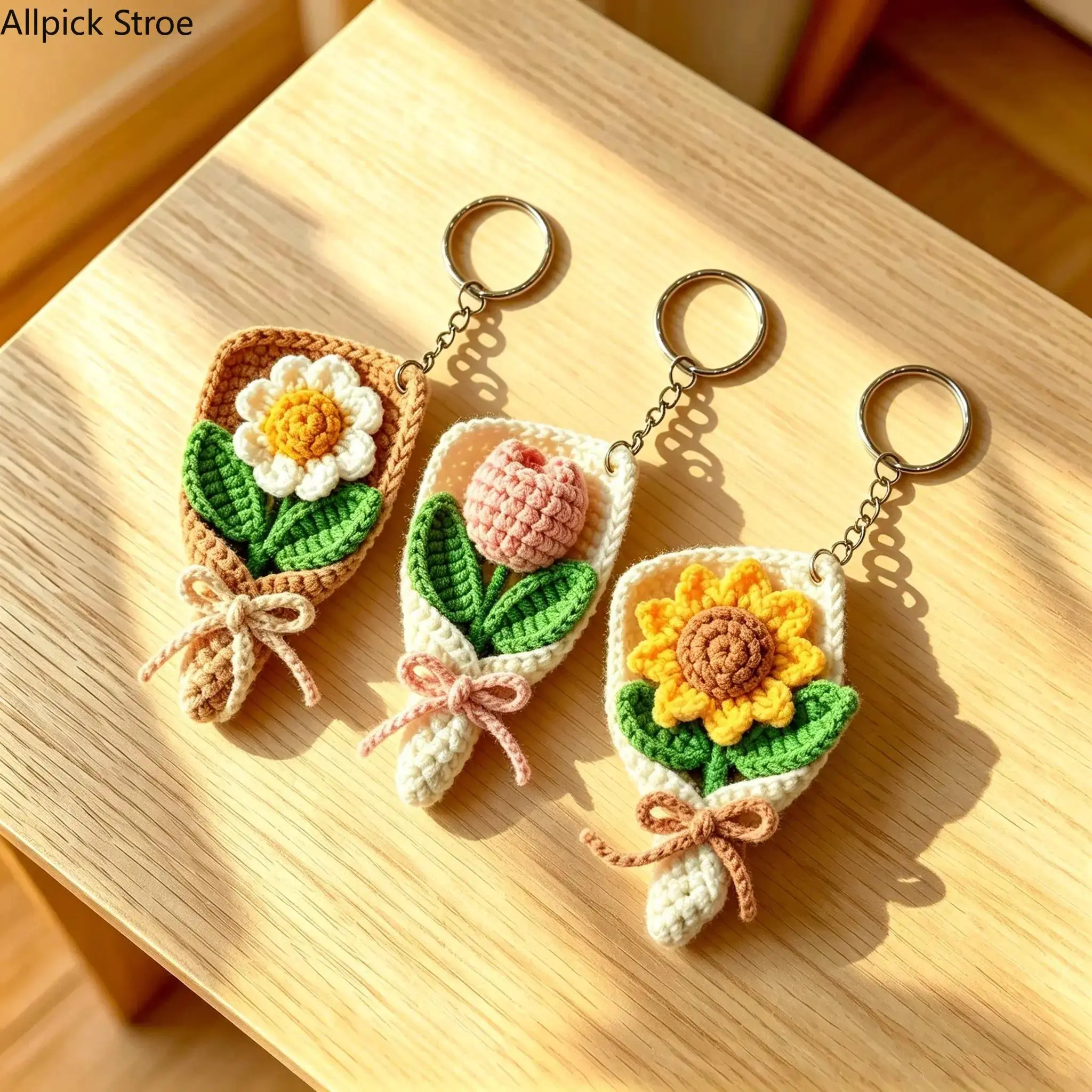 2PCS/3PCS Crochet Floral Keychain - Sunflower Tulip Rose Daisy Colorful Bag Charm, Floral Bouquet, Small Keychain, Luggage & Bag Accessory, Gifts for Your Girlfriend, Colorful Bag Charm Charms & Twillies
