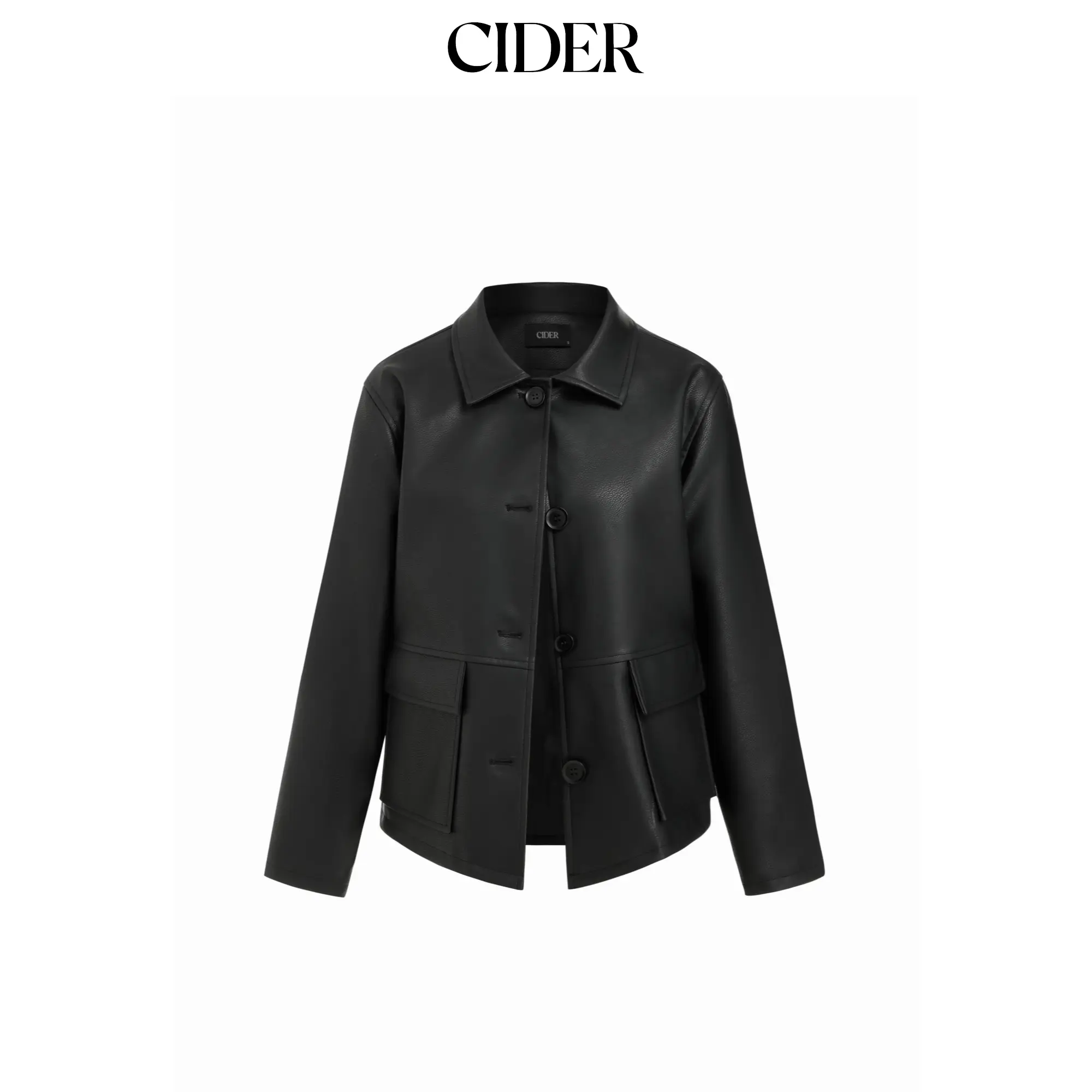 Cider Faux Leather Collar Long Sleeve Button Oversized Shacket SohoChic