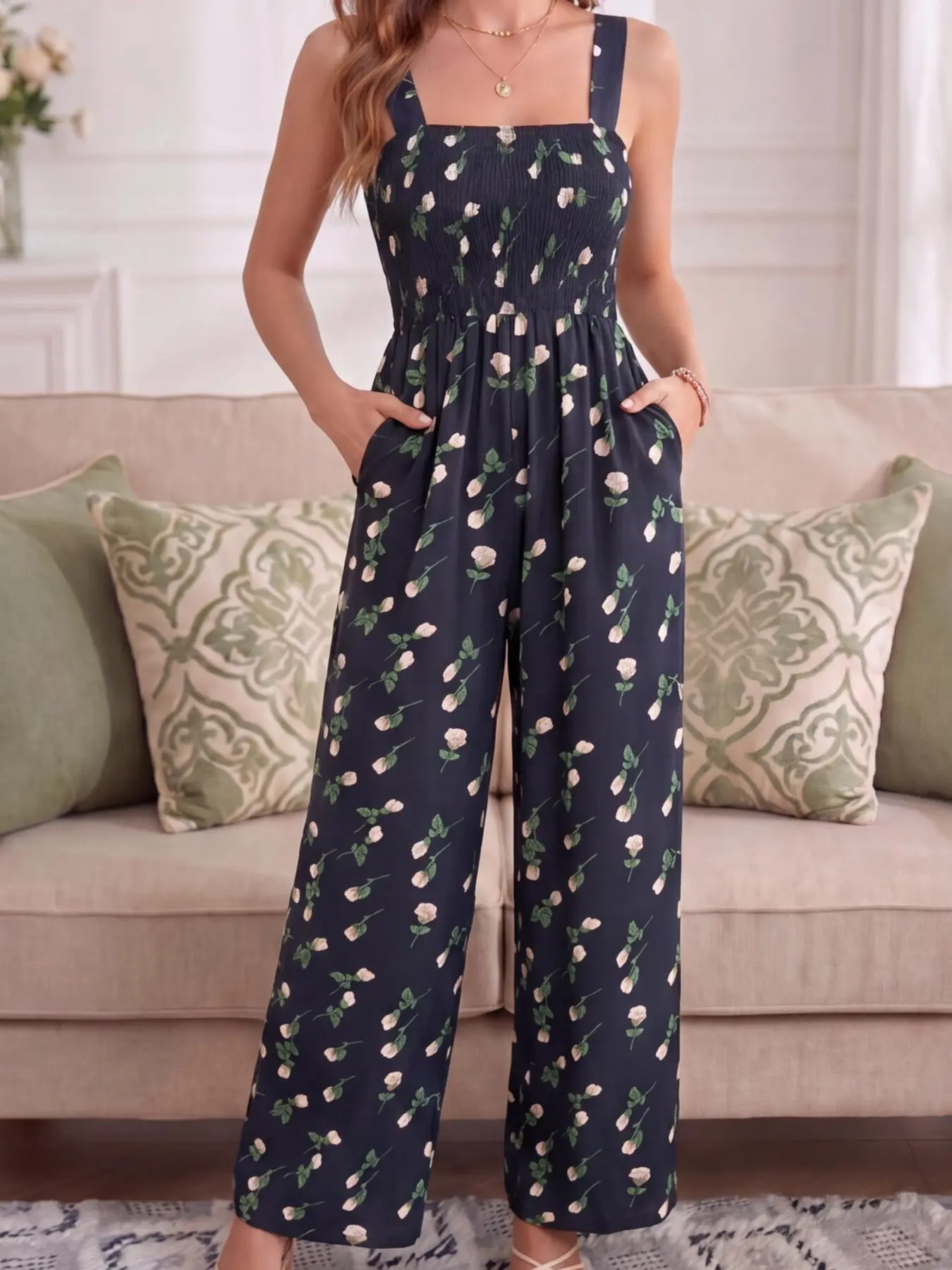Women's Floral Printed Halter Strap Sleeveless Wide Leg One-Piece Pants, Loose Fit Slimming Fashion Chic Bohemian Boho, Perfect for Parties, Travel, and Outdoor Activities