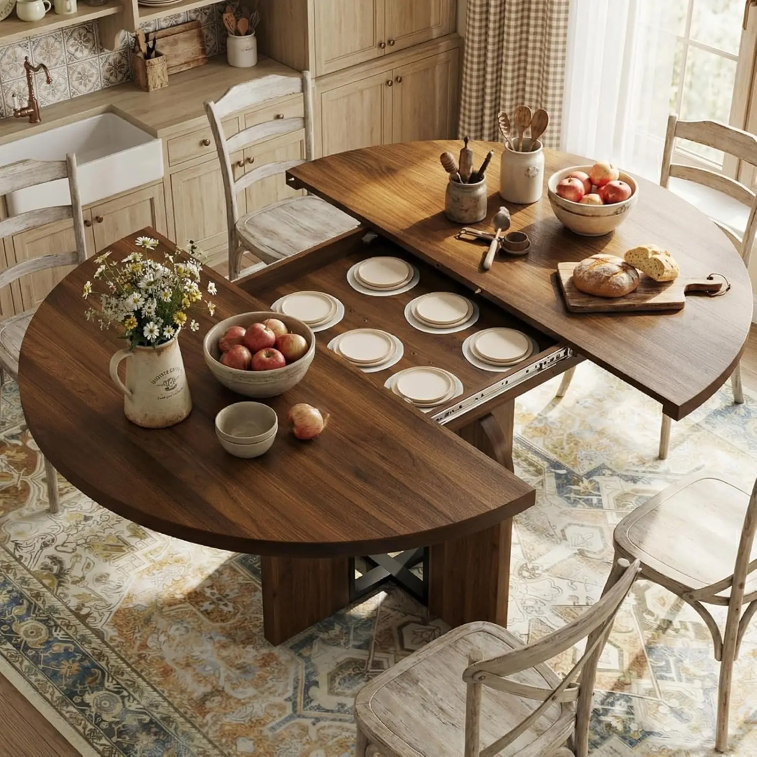 Garvee Extendable Round Dining Table for 4-6,Wooden Expandable Kitchen Table with Wider Legs and Sturdy Metal Support, Oval Design, Space-Saving Walnut Finish for Dinner and Apartment
