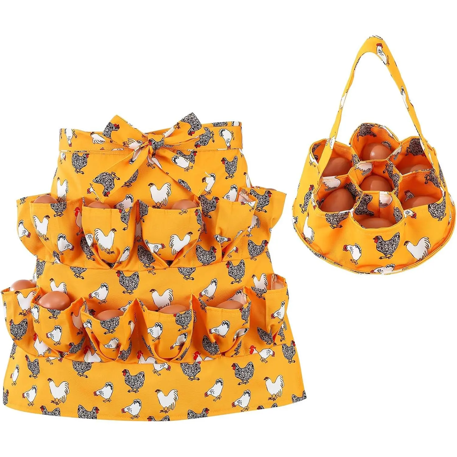 Egg Collecting Apron & Basket: 12-Pouch Chicken Egg Apron, 7-Pouch Chicken Egg Basket for Egg Collector