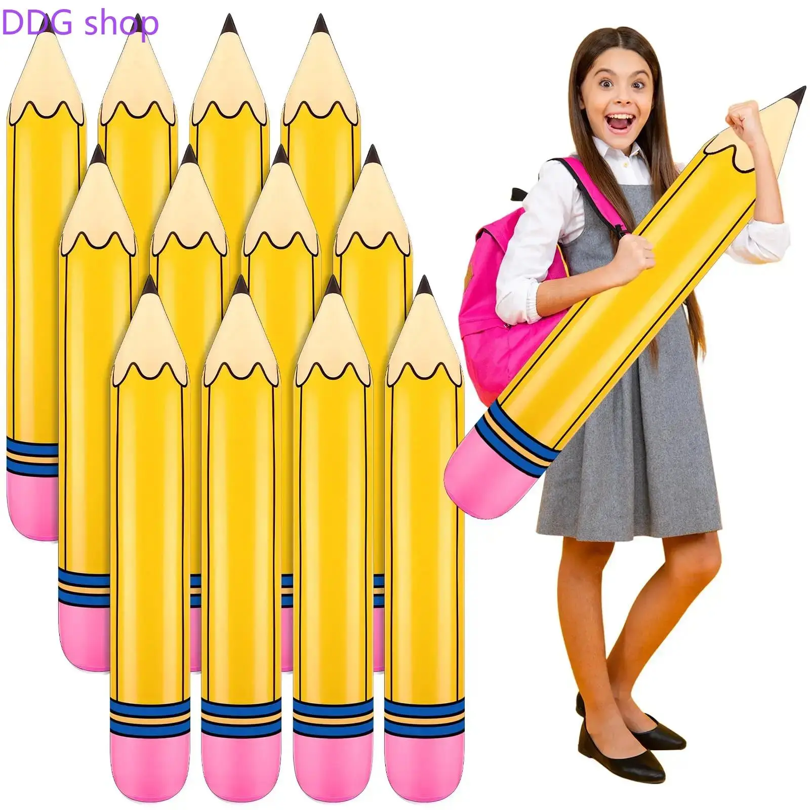 12-Piece Multicolor PVC Giant Inflatable Pencil Balloon Set, Decorative Feature Hanging Prop for Back to School Classroom Welcome & First Day Party Supplies