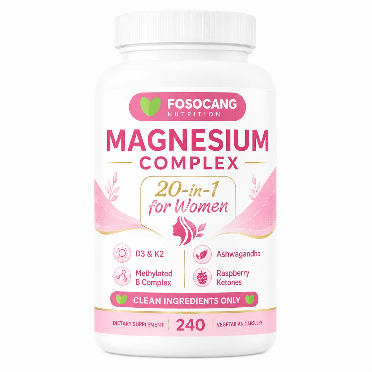 FoSoCang Women's Magnesium Complex Supplement - 20-in-1 Formula with Glycinate, Citrate, D3, K2 (MK-7), B6 (as P5P), Ashwagandha - 240 Vegetarian Capsules, Filler-Free, Non-GMO