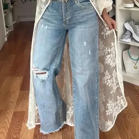 Light Wash High Waist Full Length Wide Leg Distressed Button Jeans For Women Casual, Trendy Denim Jeans, Comfortable & Stylish, Perfect for Casual Wear, Women's Fashion