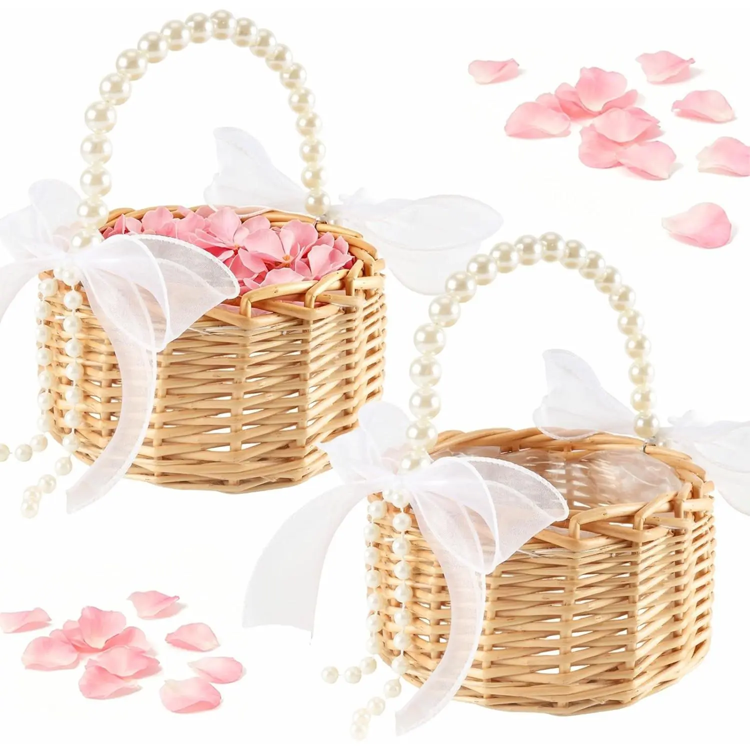Wicker Rattan Flower Girl Basket Set of 2,Wedding Flower Girl Baskets with Pearl Handle and 100 Pcs Petals,Handwoven Rustic Wedding Basket for Flowers Bridal Anniversary Party Garden Decor