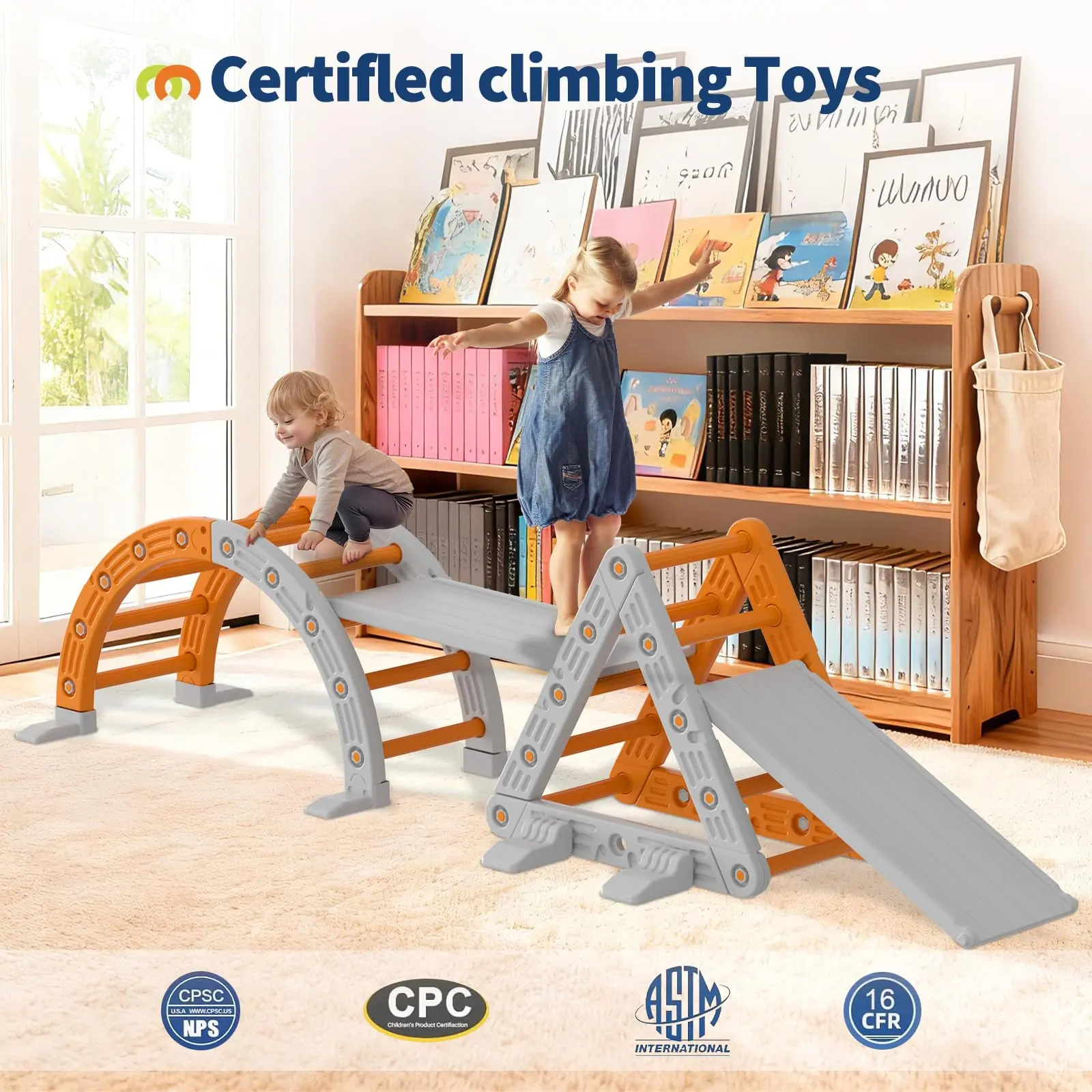 9-in-1 Multi-Use Infant Toddler Jungle Gym Climbing Set - Indoor Playground with Arch, Ramp, Ladder, Slide - Safe HDPE Plastic, Durable for Ages 1-8 - Gray Orange, USA-Made Early Learning Equipment, Multi-Use Set