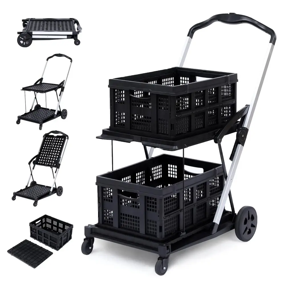 2-Tier Folding Shopping Cart| Heavy Duty Collapsible Utility Trolley with 360° Swivel Wheels & Storage Crates for Groceries, Travel & Home Organization