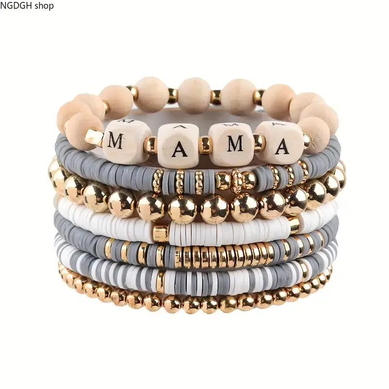 Gold Bead Stack Bracelets for Women, Chic Multi-Strand Mama Lettering with Heishi Discs, Hypoallergenic Stretch Fit for Daily Wear, Beads, Female, Letter Stack