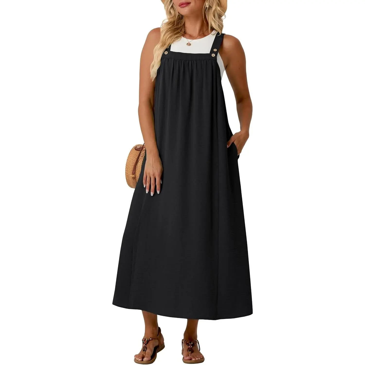 Women's Summer Adjustable Casual Overall Dress Cover Up | Breathable, Lightweight, Sleeveless, Boho Jumper Dress for Beach Vacation, Resort, Holiday, Maternity with Pockets