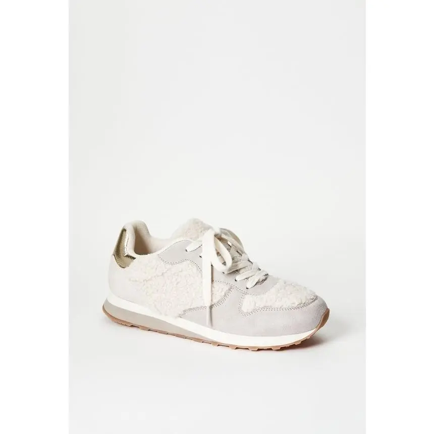 JUST FAB Women's Off White Mixed Texture Retro Sneakers Suede & Sherpa Fleece Lace-Up Casual Running Shoes with Metallic Gold Heel Tab