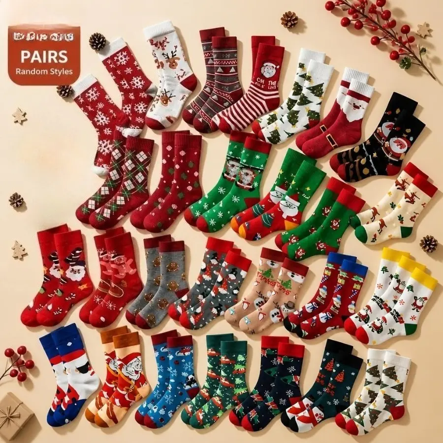 Women's Unisex 5-Pair Bulk Christmas Pattern Crew Socks - Quilted Bow, Soft, Breathable, Stretchable, Assorted Santa/Snowflake/Reindeer Prints, Holiday Novelty Footwear for Family Party Winter Daily Wear