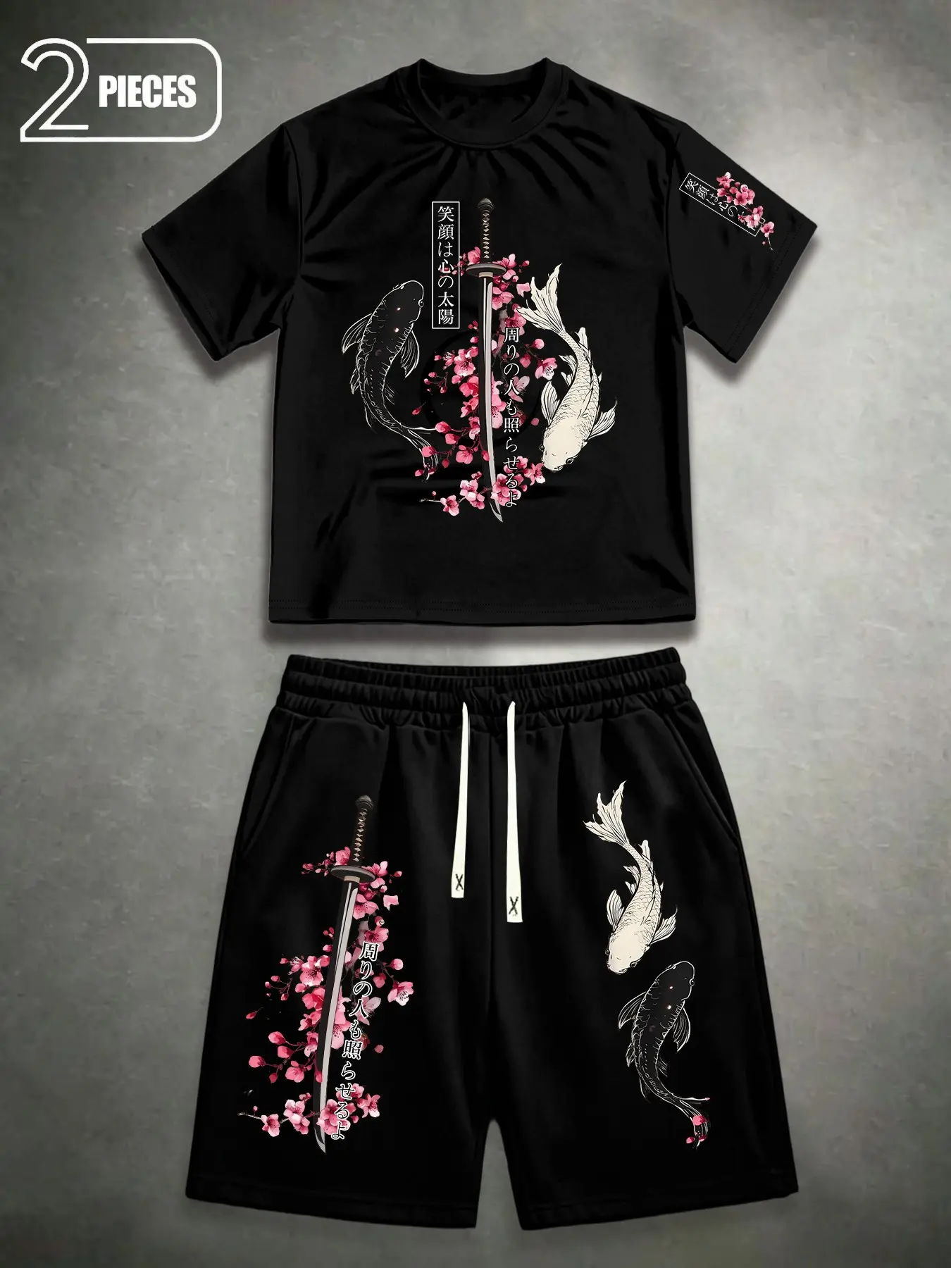 Men's Koi Cherry Blossom Samurai Sword Japanese Kanji Multi-Position Print Shorts Matching Set, Round Neck Short Sleeve Top + Drawstring Shorts, Summer Casual Wear