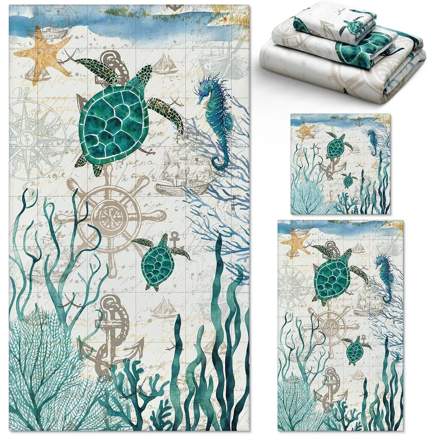 3 Pack Sea Turtle Ocean Themed Towel Set, Soft Absorbent Vintage Printed Hand Bath Dish Fingertip Towels with Starfish Seahorse Coral Pattern, for Bathroom Kitchen Hotel Beach Gym Use