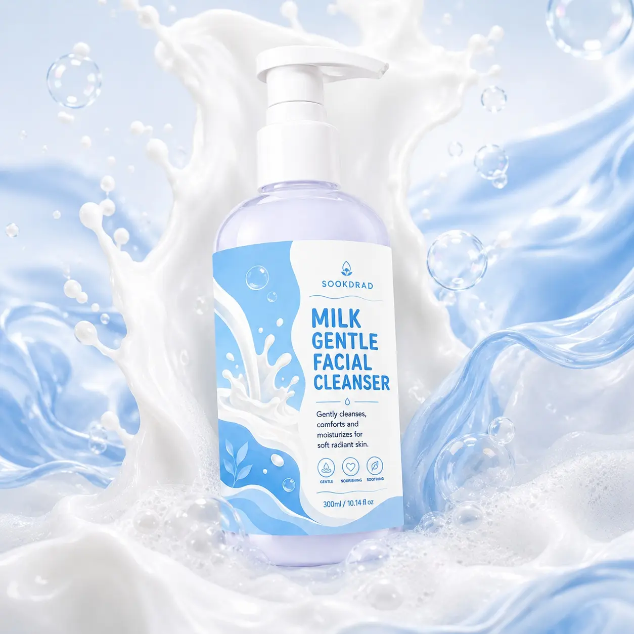 Milk Gentle Facial Cleanser, contains milk, gentle cleansing, comforting, moisturizing, for facial skin, gentle, nourishing, soothing, 300ml/10.14 fl oz