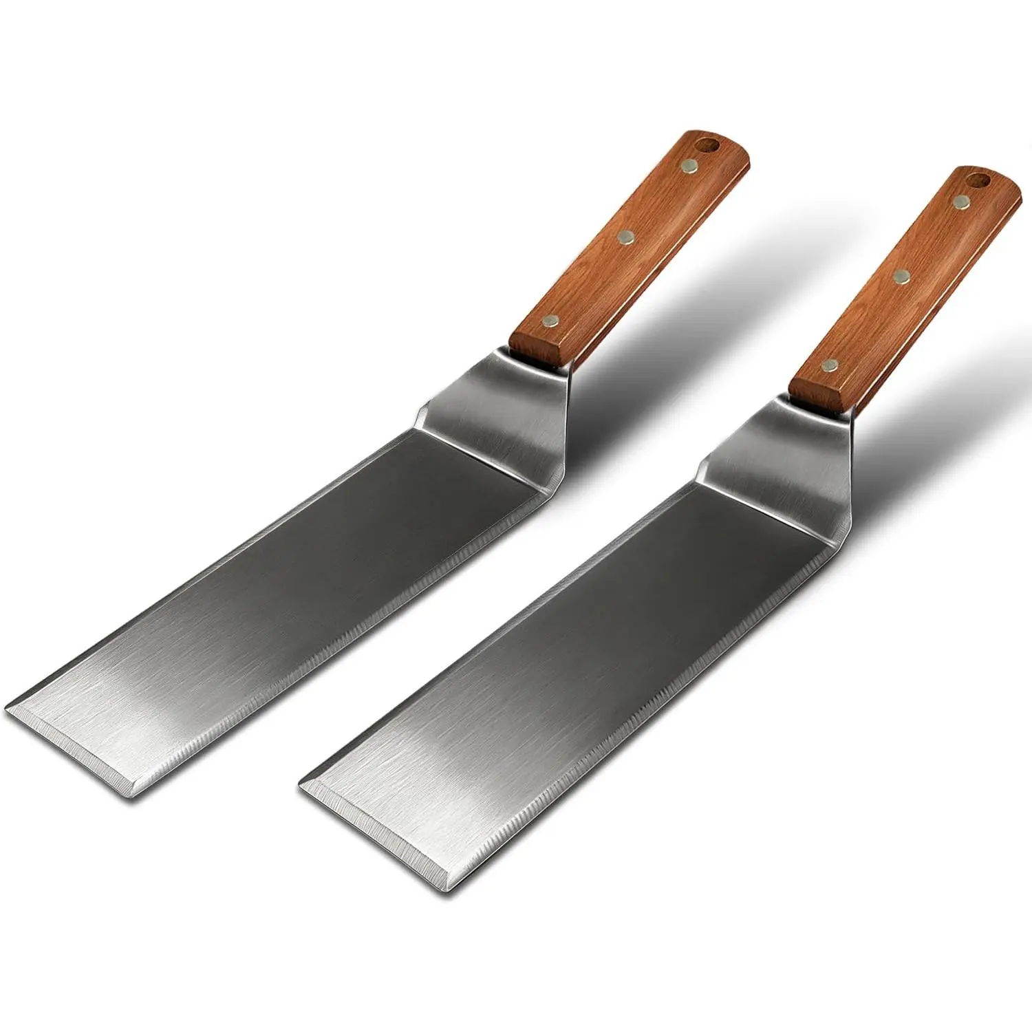 Extra-long metal frying spatula set (2 pieces)| Stainless steel barbecue spatula, Blackstone barbecue accessories, barbecue tools, full-length wooden handle, flat top with beveled edge design