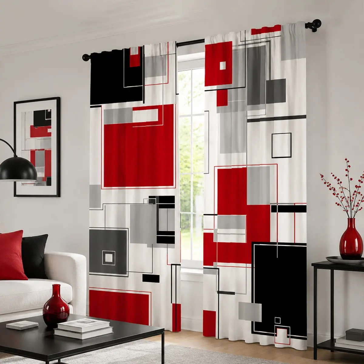 2pcs Geometric block-print semi-blackout curtains featuring a red, black, and gray rectangular line pattern; a modern, minimalist fabric curtain suitable for living rooms, bedrooms, kitchens, studies, and cafés; made of polyester.