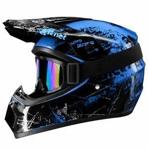 Bright Blue Splatter Adult Motocross Helmet Off Road Dirt Bike ATV UTV MX Racing Full Face Helmet DOT Approved Motorcycle Helmet with Goggles Lightweight Breathable Adjustable Visor for Men Women Youth Enduro Trail Riding