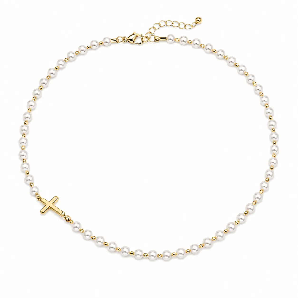 Gold Pearl Cross Necklace for Women, 14K Gold Plated Dainty Beaded Layered Pendant Necklace, Adjustable 17.7 + 2 inch Hypoallergenic Minimalist Jewelry Gift for Her