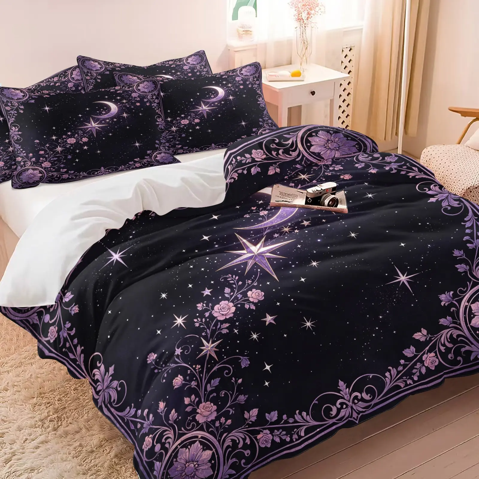 3PCS Black Purple Floral Crescent Moon Star Duvet Cover Set (1 Duvet Cover + 1-2 Coreless Pillowcases), Vintage Rose Border Celestial Print, Soft Comfy All Seasons Summer Vibes Bedding Set, Ideal for Gothic Floral Witchy Bedroom Dorm Decor