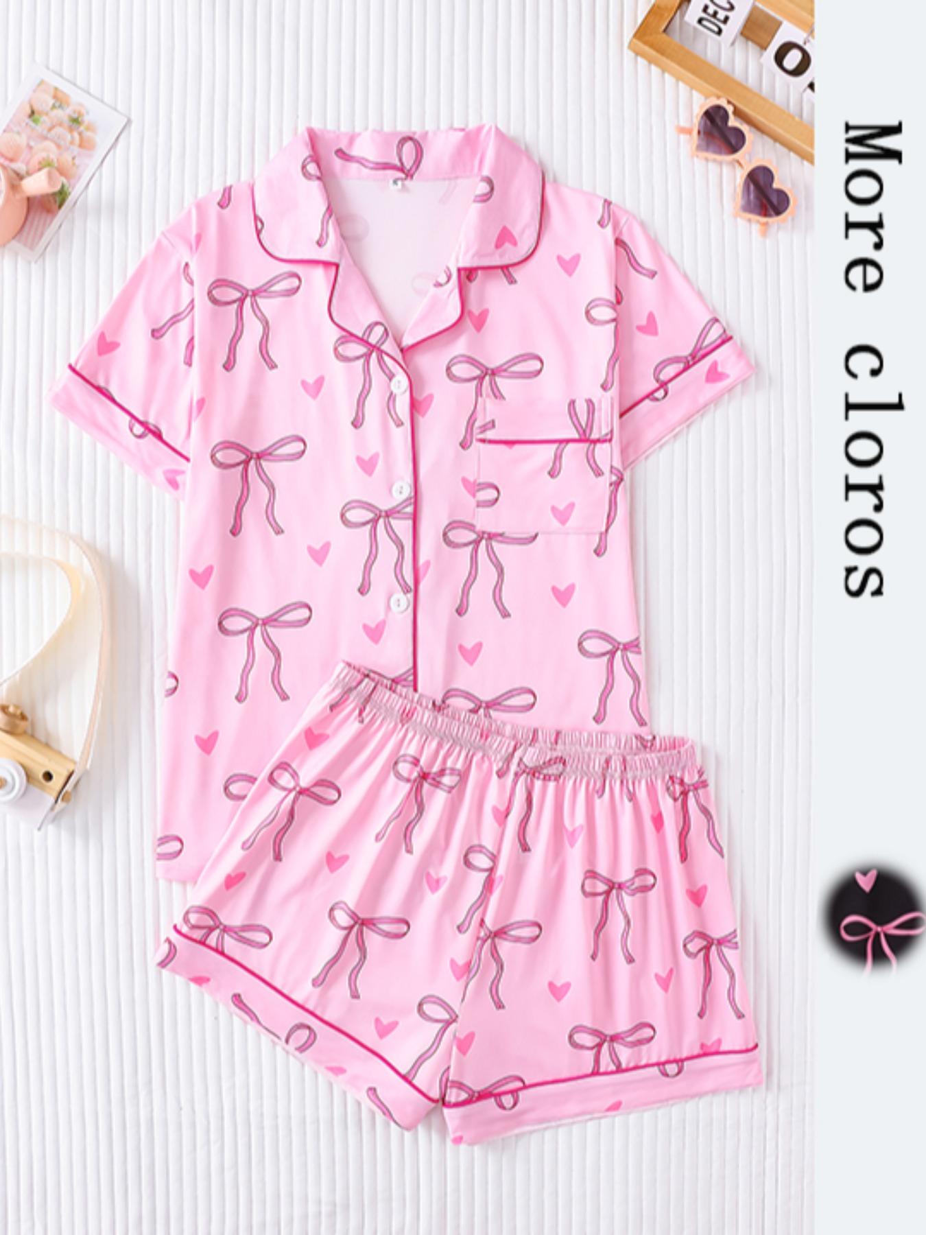 Women's Bow Print Short Sleeve Tee & Shorts Pyjama Set, Elegant Comfy Button Up Top & Elastic Waist Shorts Set, Ladies Sleepwear for All Seasons, Loungewear, Matching Pj Set, Womenswear, Pajama Set, Casual Comfy Pajama, Summer Sleepwear