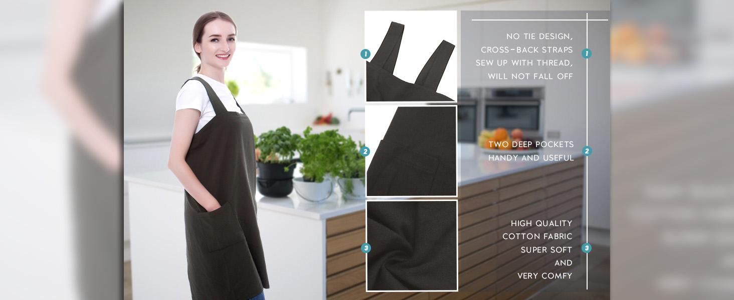 Cotton Linen Apron Cross Back Apron for Women with Big Pockets Square Pinafore Dress for Baking Cooking BBQ & Grill