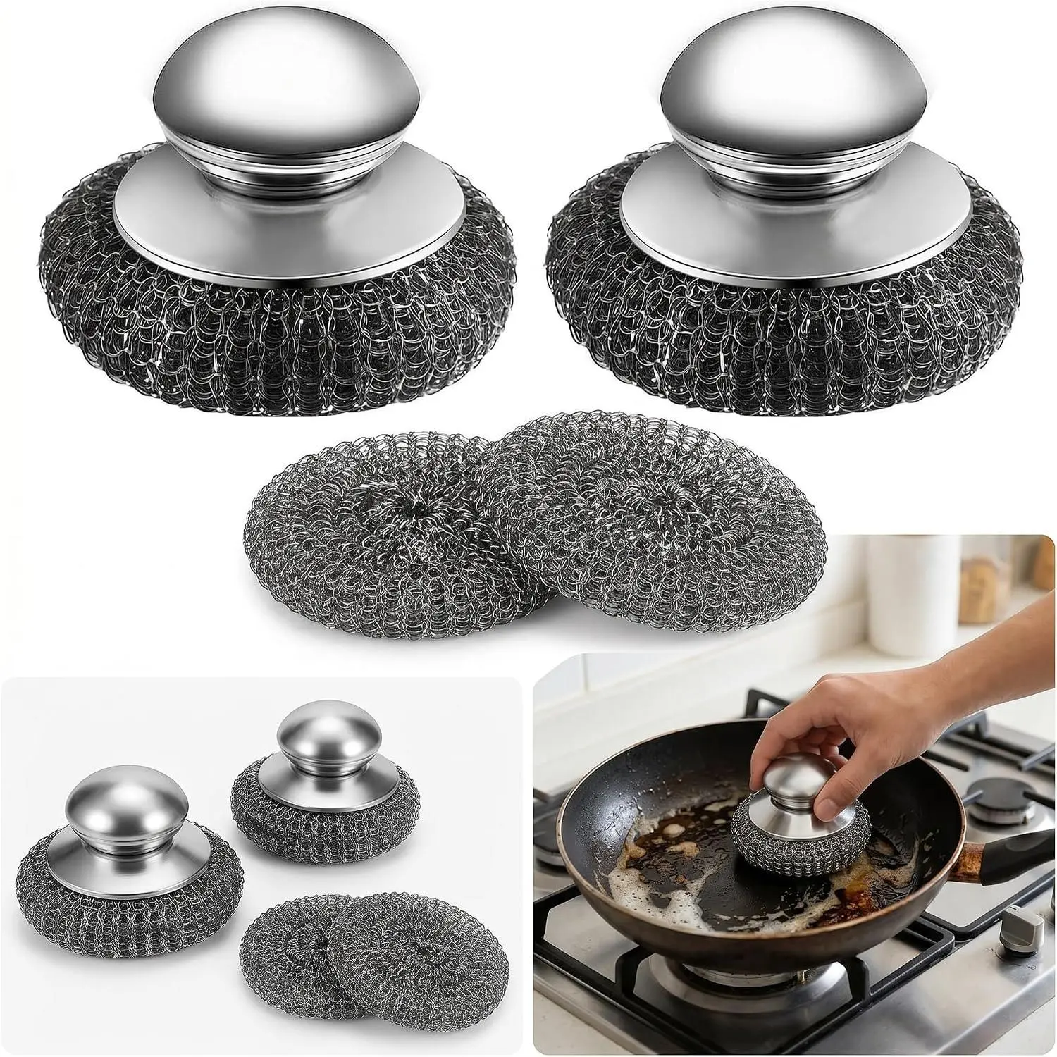 Stainless Steel  with Handle, 2 Pack Heavy Duty Steel  Scrubbers with 2  Pads, Scouring Pads for Pots, Pans, Cast Iron, Grill, Stove, Oven, Sink Kitchen Cleaning