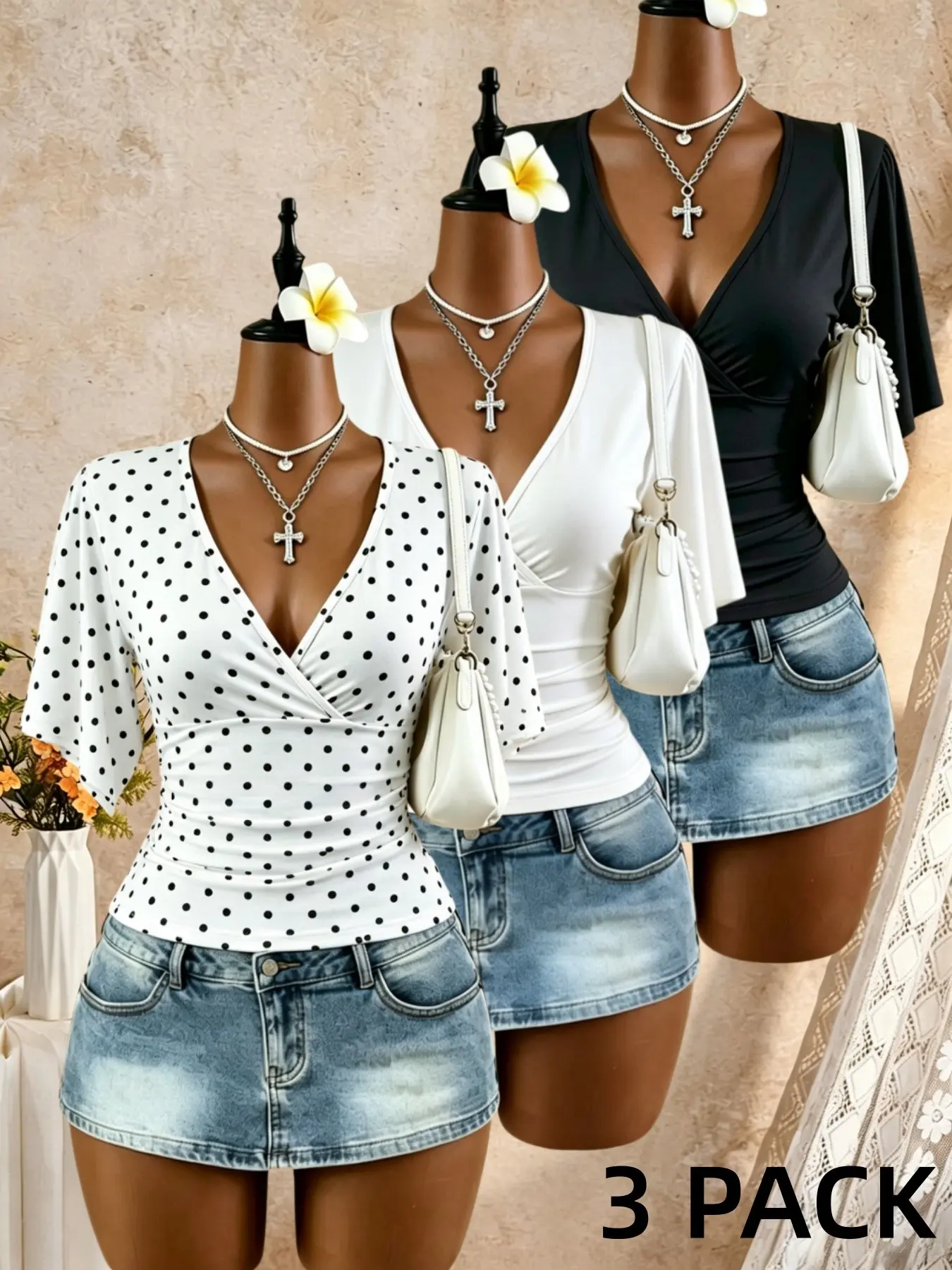 Women's Elegant V Neck Ruffle Sleeve Top, Slim Fit Casual Matching T-Shirt Set, Perfect for Beach and Office, Three-Piece
