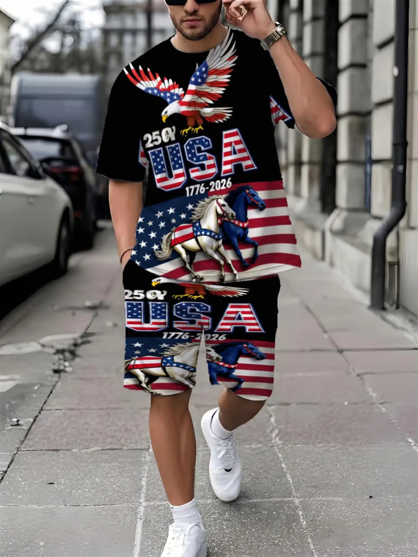 Men's Patriotic 250th Anniversary of the Founding of the United States 3D Printed Tracksuit, Relaxed Fit Casual Short-Sleeve T-Shirt and Shorts, Bold and Free Silhouette and Flag Design, Lightweight and Breathable Summer Outdoor Casual Suit Outfit