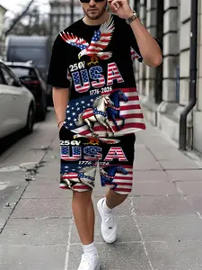 Men's Patriotic 250th Anniversary of the Founding of the United States 3D Printed Tracksuit, Relaxed Fit Casual Short-Sleeve T-Shirt and Shorts, Bold and Free Silhouette and Flag Design, Lightweight and Breathable Summer Outdoor Casual Suit