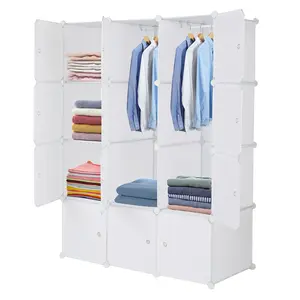 White 12-Cube Interlocking Plastic Wardrobe - Stackable Modular Closet Shelving with Hanging Rod, Closet Storage, (105 x 45 x 140) cm Child-Friendly Multifunctional Cabinet for Kids Room, Entryway