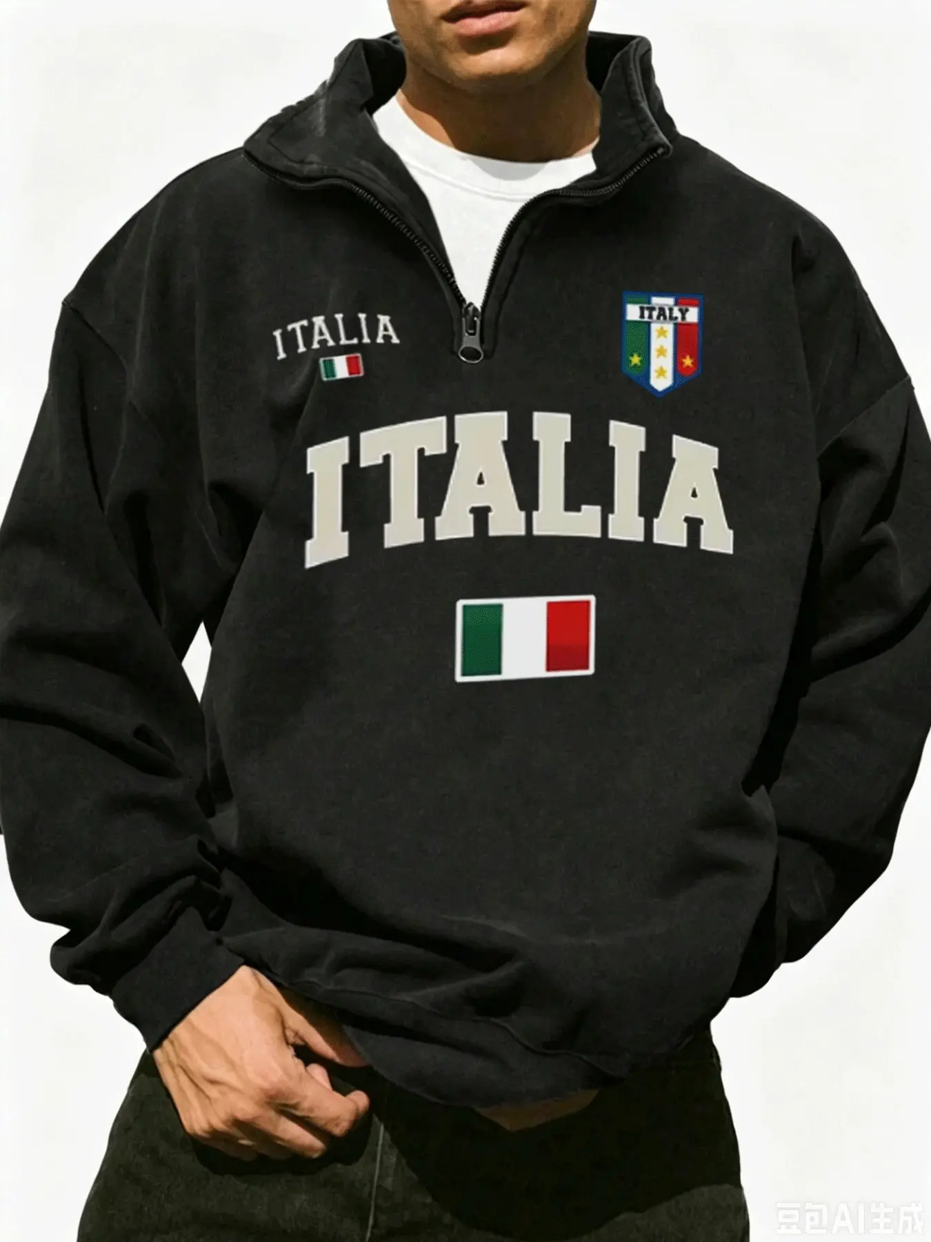 Men's Vintage Washed Black Quarter Zip Mock Neck Sweatshirt, Large ITALIA Letter Italy Flag Shield Badge Print Retro European Sport Oversized Loose Preppy Streetwear Half Zip Pullover Top for Men
