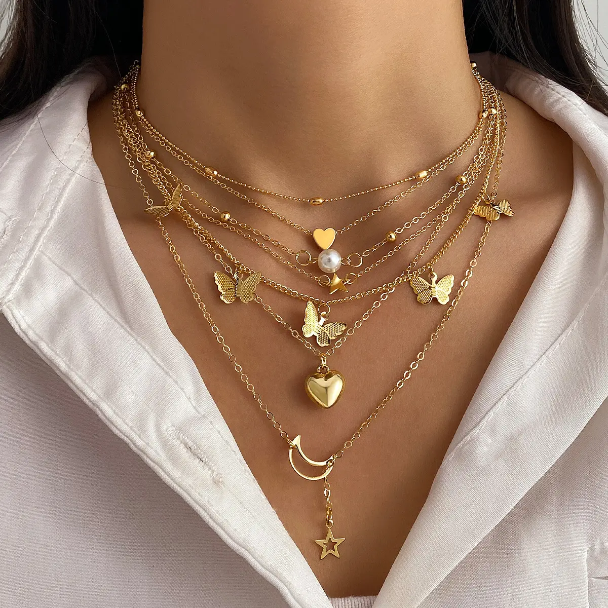 Women's 2026 Gold Layered Stackable Necklace Set with Choker - Unisex Wear Sports & Outdoor Accessory, Beach Party Gift with Butterfly, Heart, Artificial Pearl, Star Pendants, Gold Necklace, Stackable Pendants, All Seasons, Female, Elegant, Casual, Long