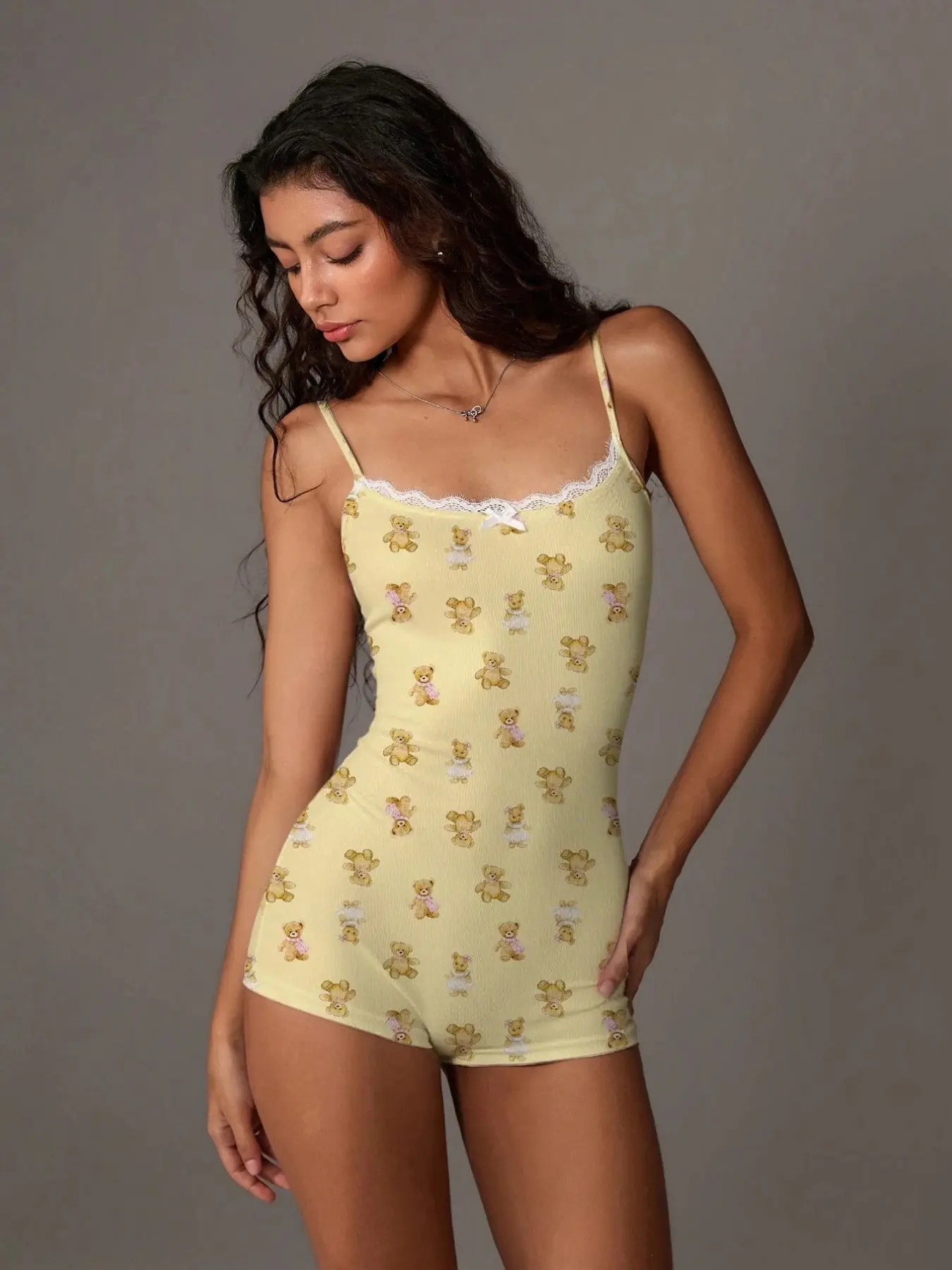 Women's Cute Bear Print Spaghetti Strap Slim Fit Comfortable Onesie, Home Wear Bodycon, Fashionable and Cozy Sleepwear for Ladies