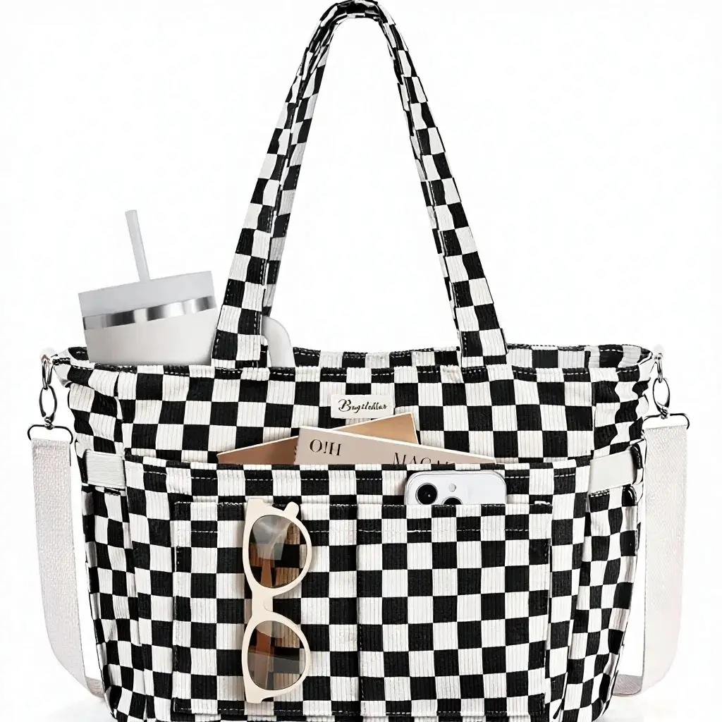 Women's Checkered Multifunctional Commuter Tote Bag - Casual Office Handbag, 17 Pockets, Laptop Compartment, 40 oz Water Bottle Holder, Zipper Closure, Checkered Bags