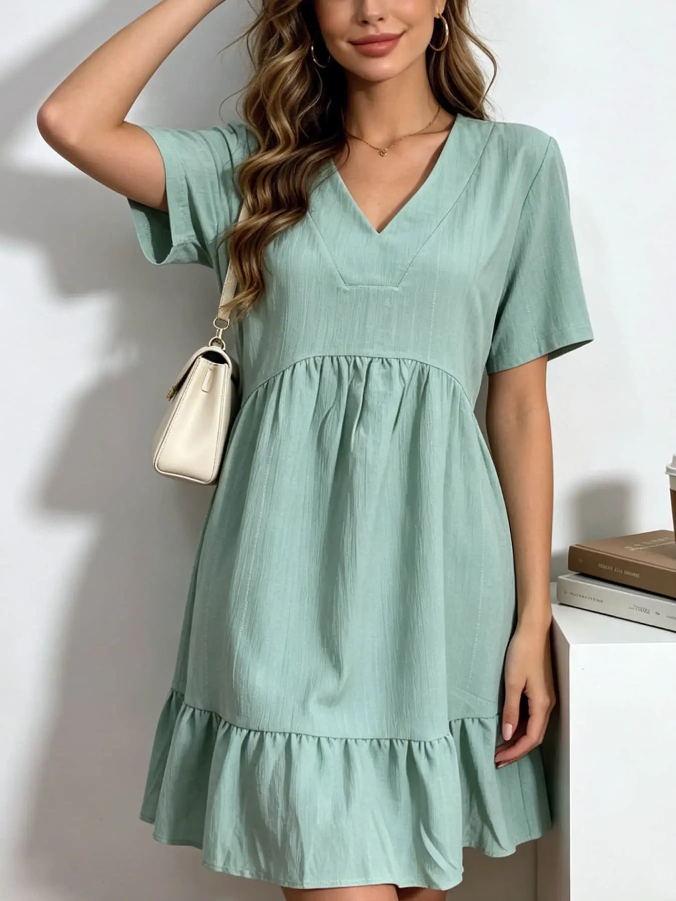 A fashionable women's V-neck short-sleeved pleated texture loose ruffled dress Boho Romantic Sundresses casual boho chic wear, suitable for summer, perfect for daily commutes, casual outings, dates, and beach vacations