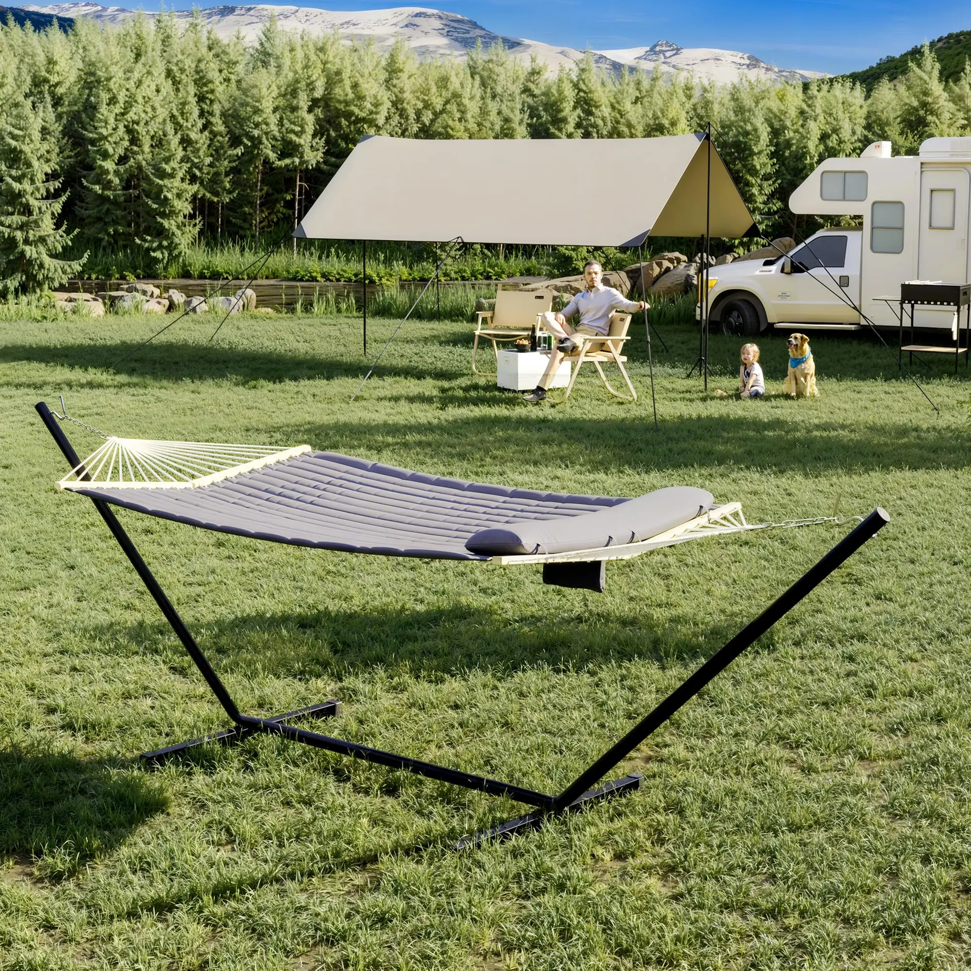 Double-Size Patio Swing with Steel Stand, 2-Adult Tool-Free Hammock Swing, Hardwood Bar, Weatherproof Cotton-Blend Material, 450lbs Capacity, 55"x80" Portable Sturdy Backyard Outdoor Furniture