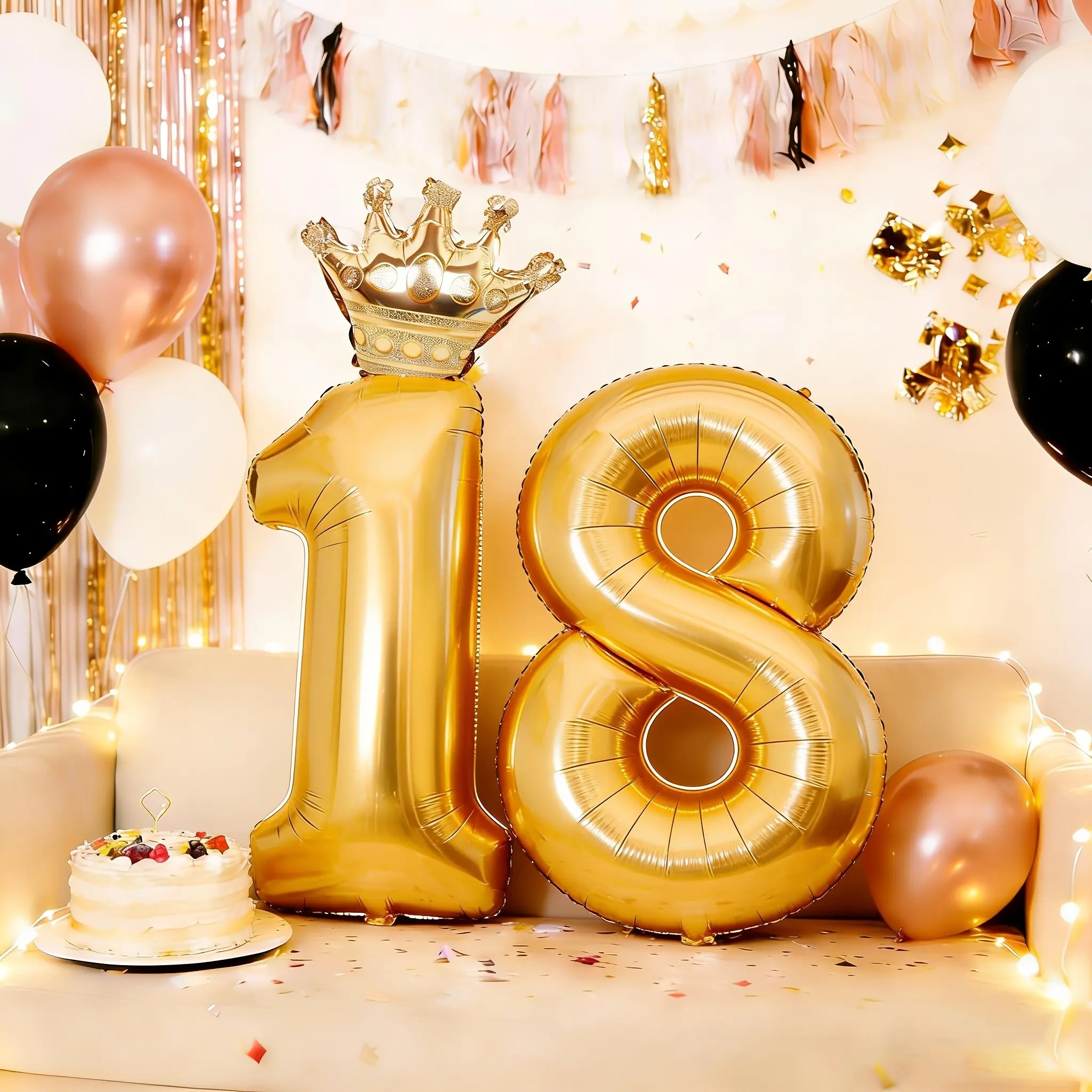 3 sets of 81.28cm 18th birthday gold foil balloons, with numbers 1 and 8 balloons, including mini crown balloons and glossy gold decorative balloons, suitable for 18th birthday parties, coming of age events, and decoration