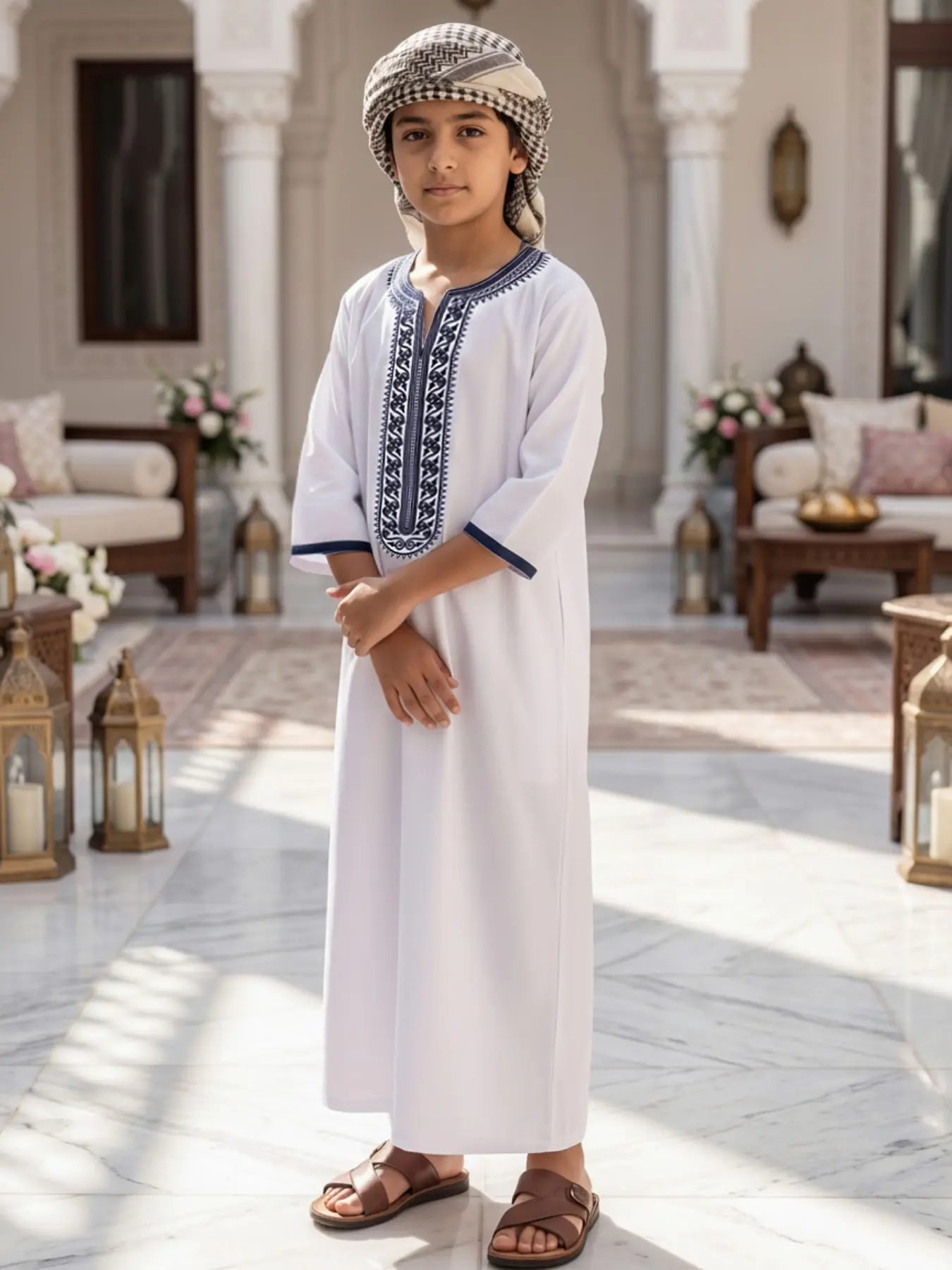 Moroccan Style Boys' Thobe, Elegant Embroidered V Neck Three Quarter Sleeve with Side Pockets, Suitable for Ages 8-12, Casual/formal/eid