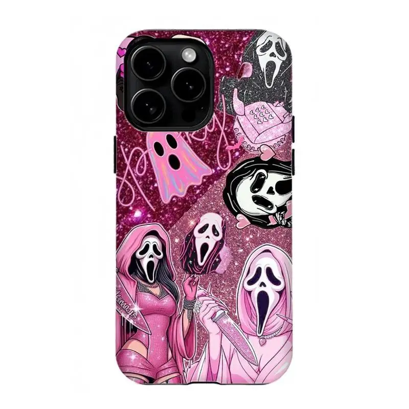 Glitter Pink Ghostface Party Phone Case – Cute & Spooky Horror Collage Cover Suitable for iPhone 17-11 Pro Max/Plus and  Samsung Galaxy S23-25