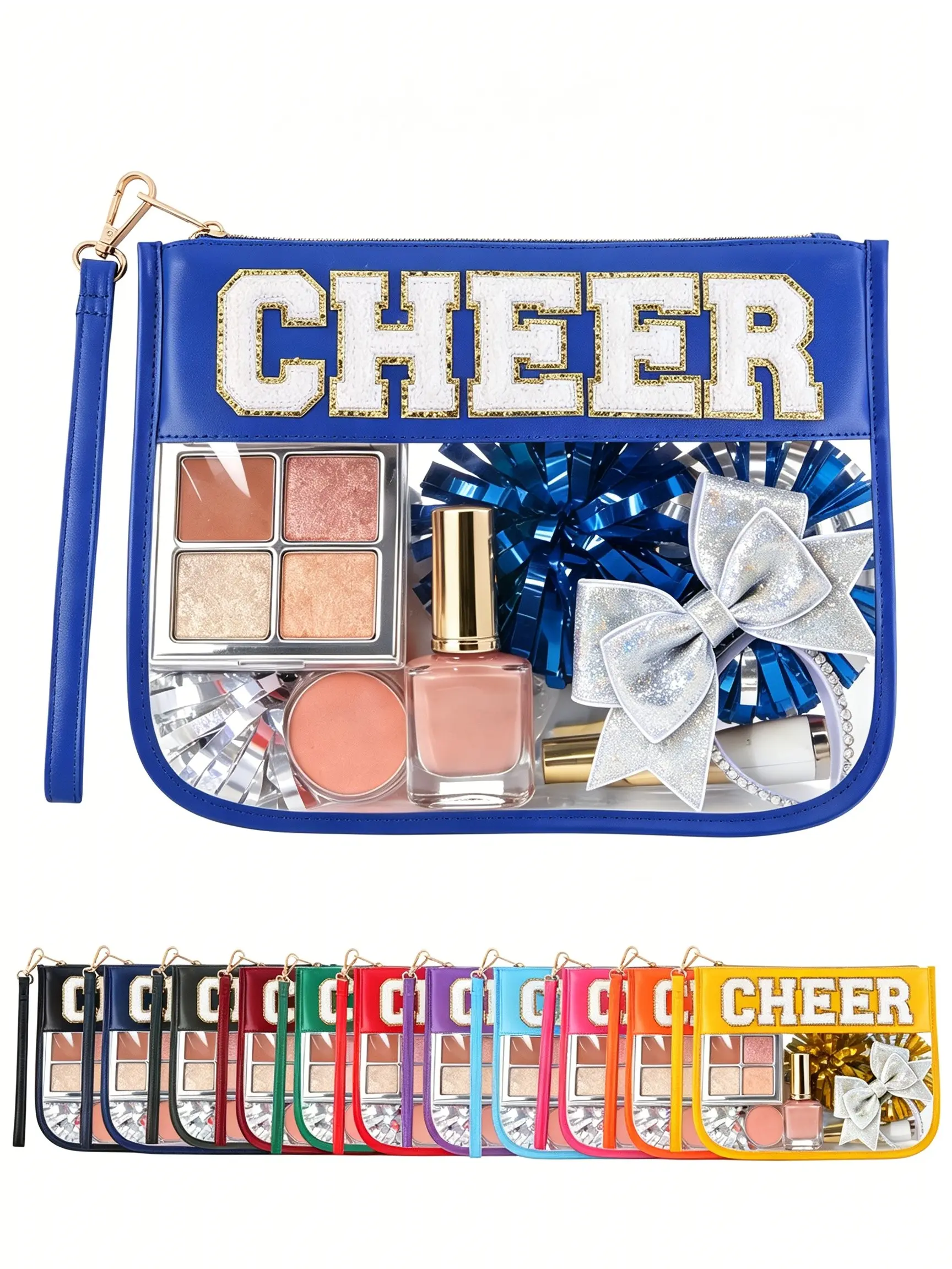 Cheer Clear Makeup Bag Cheerleader Gifts Cheerleading Accessories Cheer Competition Gifts Chenille Letter Cosmetic Bag Toiletry Bags Travel Toiletry Organizer Pouch for Women Girls
