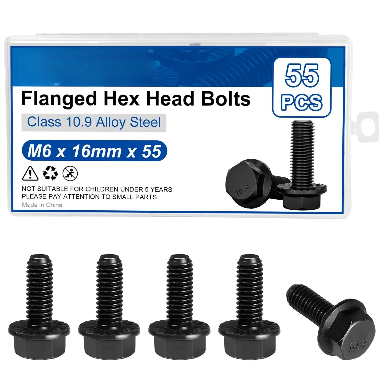M6-1.0 x 16mm Flanged Hex  , 55 count Serrated Flange Bolt, Class 10.9 Alloy Steel, Black Oxide, Coarse Thread Fully Threaded, External Flange Hex Drive Screws, DIN6921/GB5789