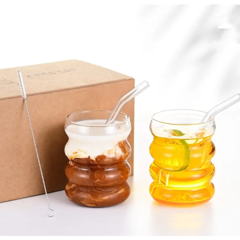 2 Pcs Wave Bamboo Glass Cups, Minimalist Style, High Borosilicate Glass, Heat Resistant, Easy Clean, Ideal for Coffee, Juice, Milk, Bubble Water