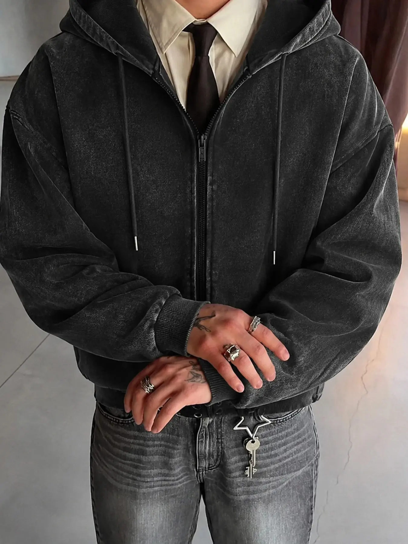 Unisex Vintage Wash Hoodie, Zip-Up Sweatshirt, Loose-Fit Street Style, Fall & Winter Wear, Perfect for Daily