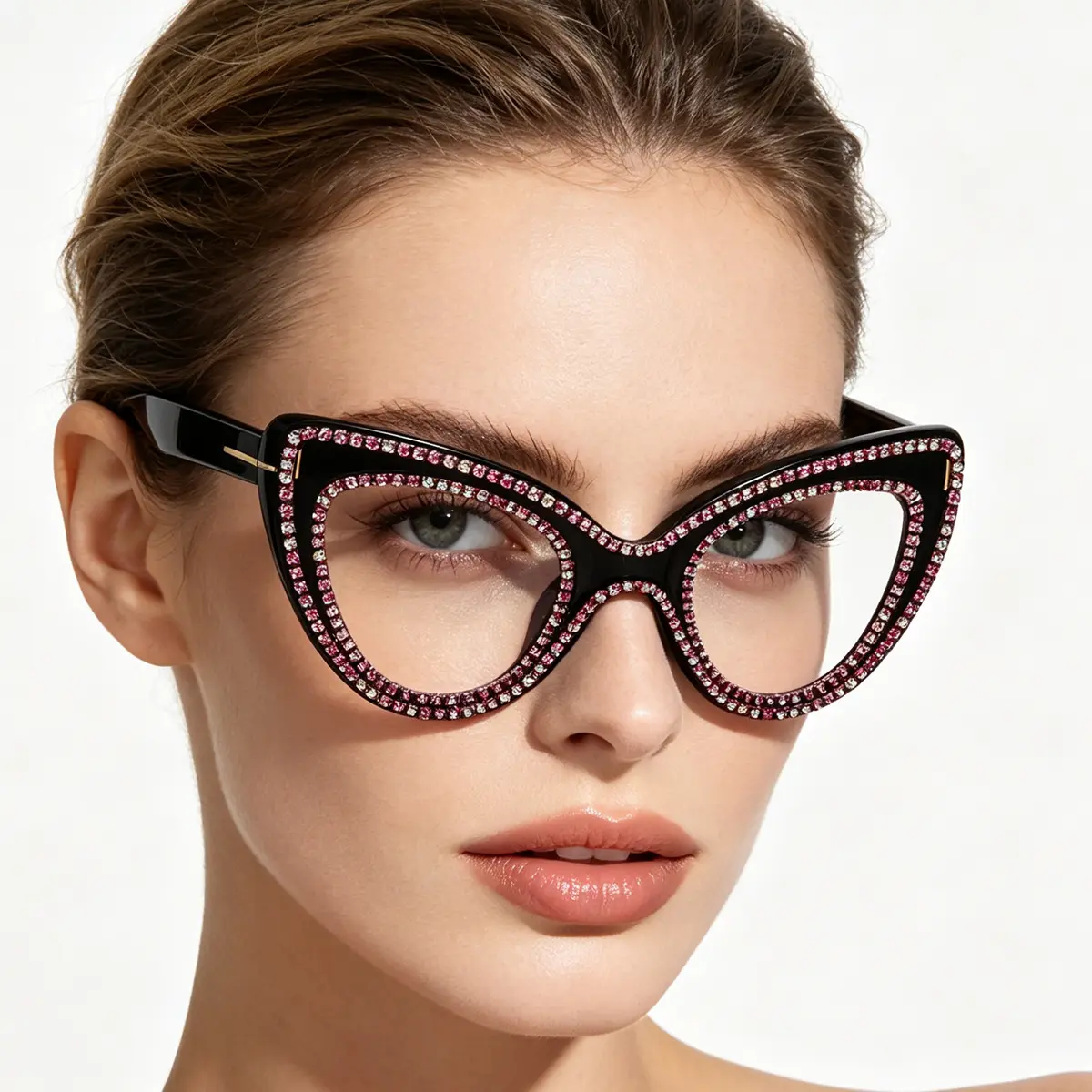 Women's Colorful Rhinestone Cat-Eye Blue Light Blocking Glasses, Full Rim Oval, Plastic Frame, Single Pair Eyewear Frames, Female, Pc, No, Eyeglasses For Women, Full Rim Pc Lens, Eye-Friendly Frames & Glasses