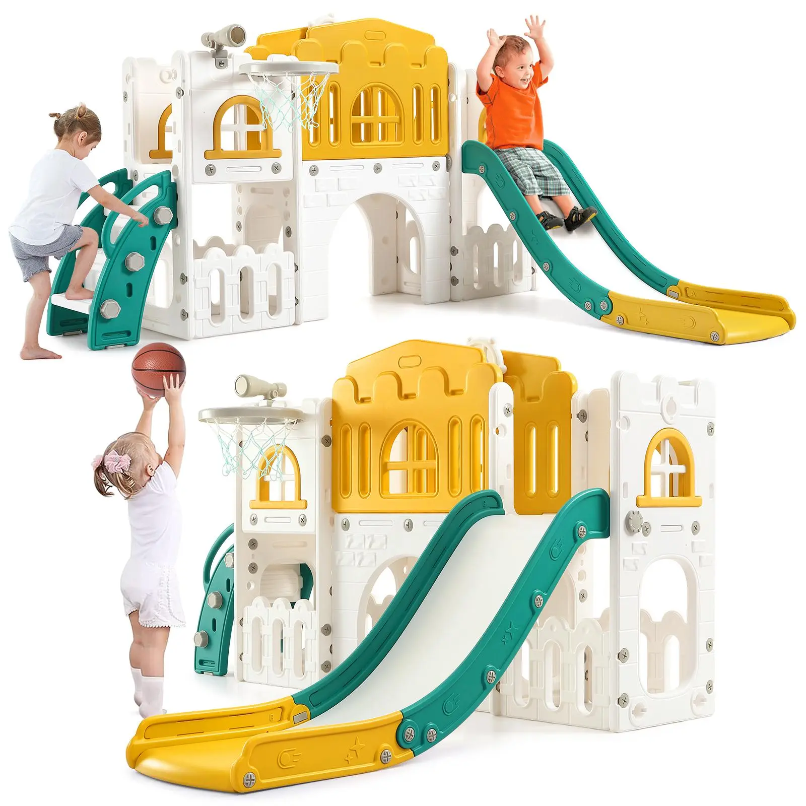 8-in-1 Toddler Indoor Playground Multi-Playset with Indoor Setup - Slides, Climbing Ladders, Basketball Hoops, Tunnels, Binoculars, Steering Wheels - Suitable for Ages 1-3 Years